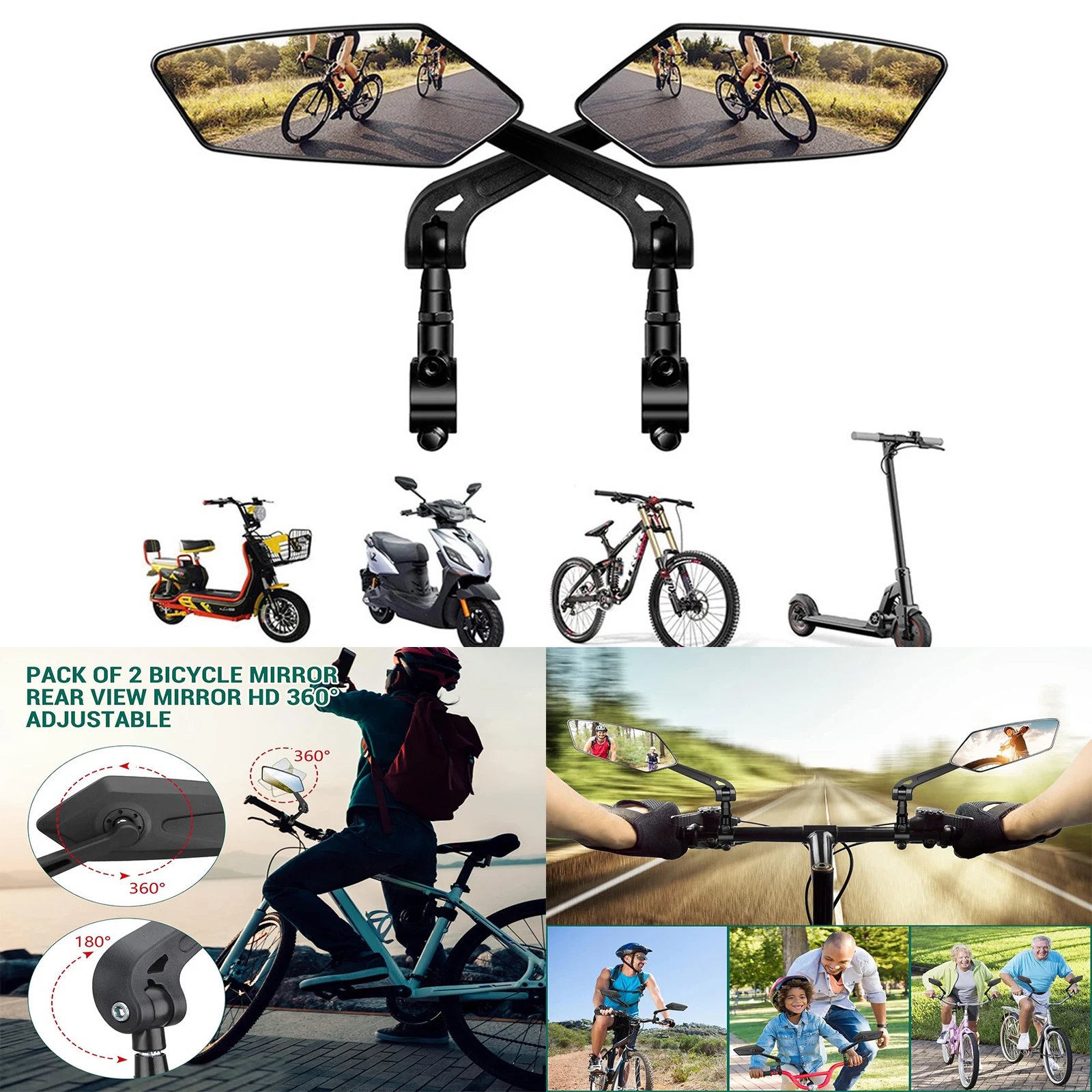 Wide Angle Bike Rearview Mirrors 360° Adjustable Electric Scooter Mirror Bike Wide Range Back Sight Handlebar Rear View Mirror