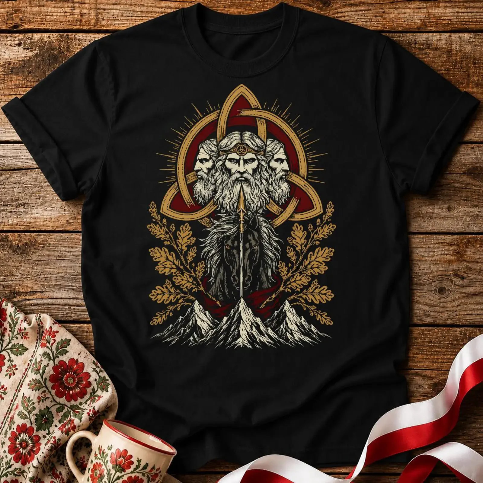 Triglav T Shirt Slavic God Triquetra Knot Horse Spear Oak Leaf Mountain Pagan Mythology vintage Washed Comfortable Unisex