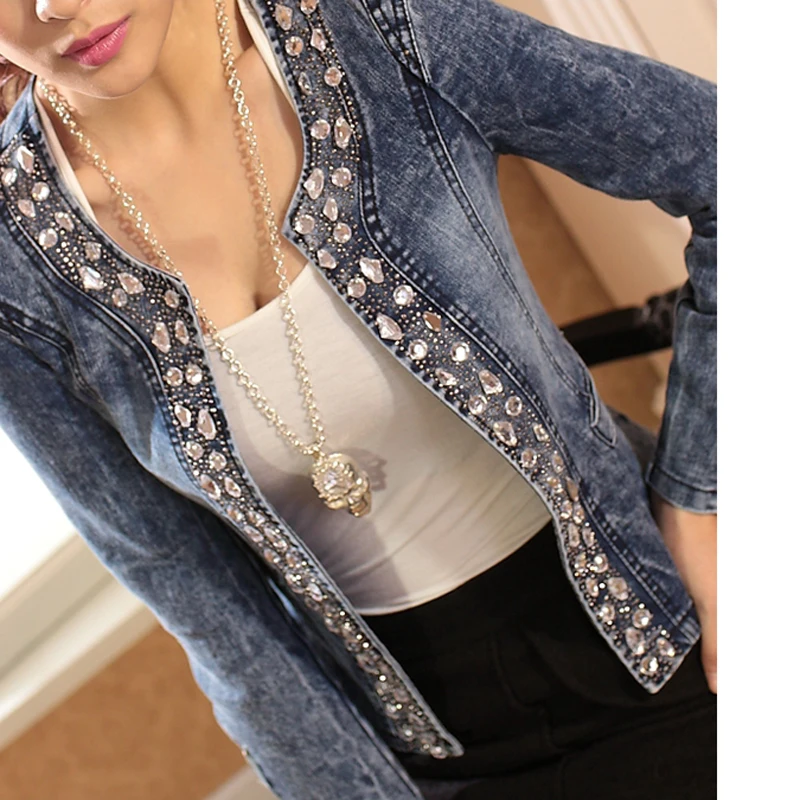 FMFSSOM New Spring Antumn Denim Jackets Vintage Diamonds Casual Coat Women's Denim Jacket Basis Tops Outerwear Jeans image 4