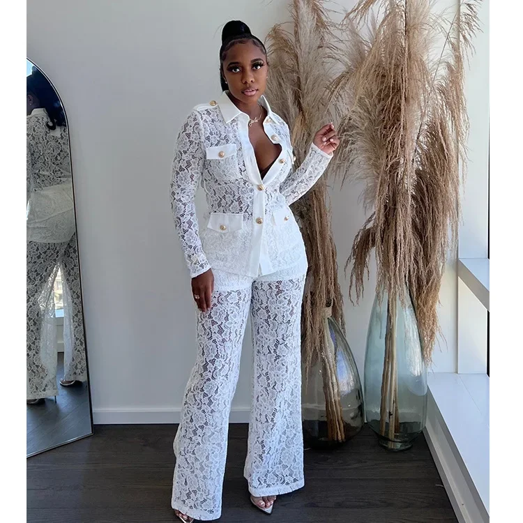 Lace Elegant Shirt Top & White Cargo Pants Set Women Hook Flower Summer Tracksuit Suit Matching Sets Y2k Streetwear Black Button