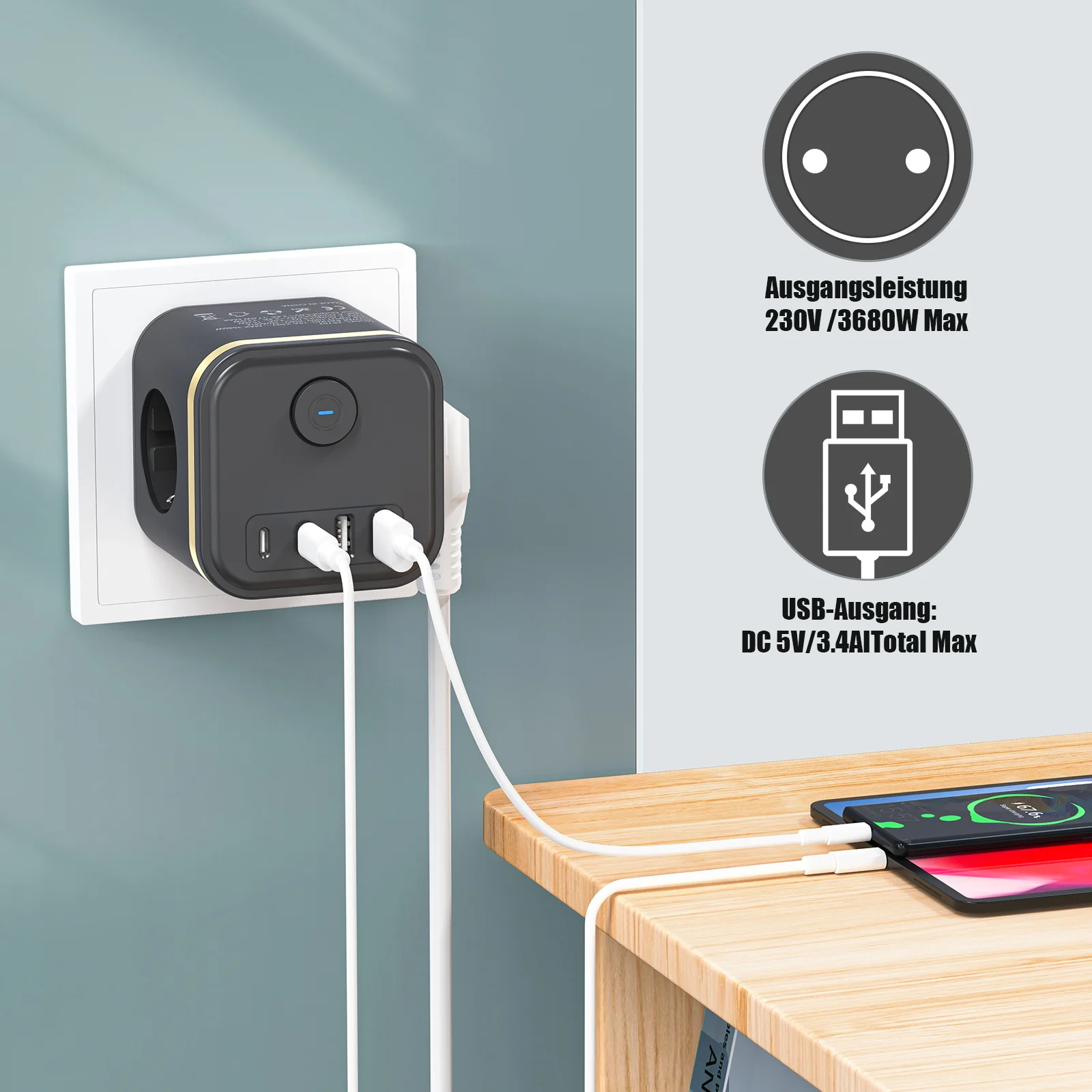3680W Wall Socket Extender with 3 AC Outlets 2 USB 2 Type C Ports, EU Plug Power Strip Desktop Charger 230V with Switch for Home