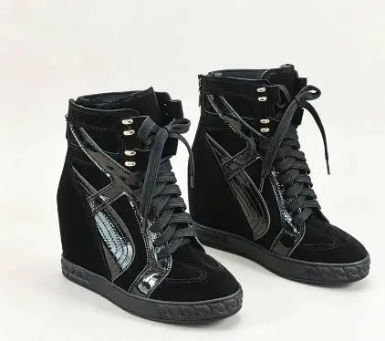 Two-Tone Snake Print Wedge High Top Sneakers Women Genuine Leather Lace Up Hidden Wedge Ankle Boots Platform Casual Shoes Lady