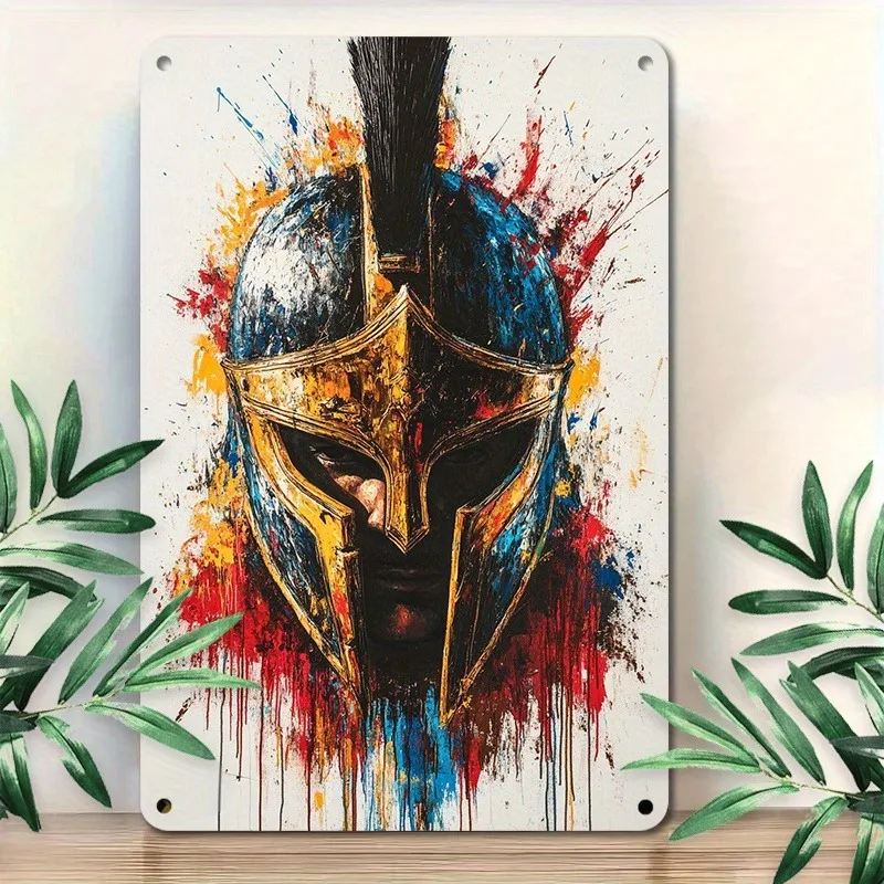 Warrior Inspired Aluminum Sign: Intense Spartan Helmet in A Bold, Artistic Style, Great for Rooms with A Heroic Aesthetic