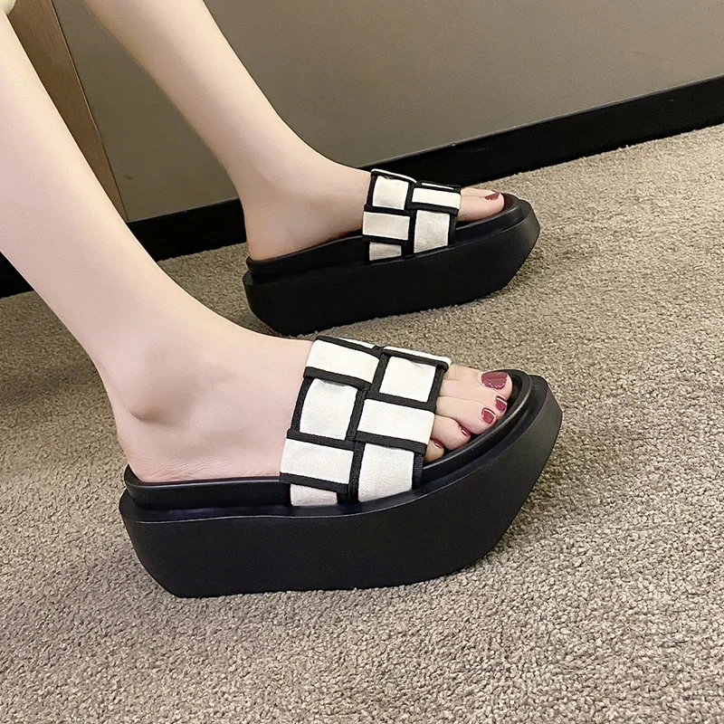 Summer 2023 Chunky Sandals Women\'s Thick Bottom Wedge Heels Slides 7CM High Heels Platform Leather Casual Beach Flip Flops Woman