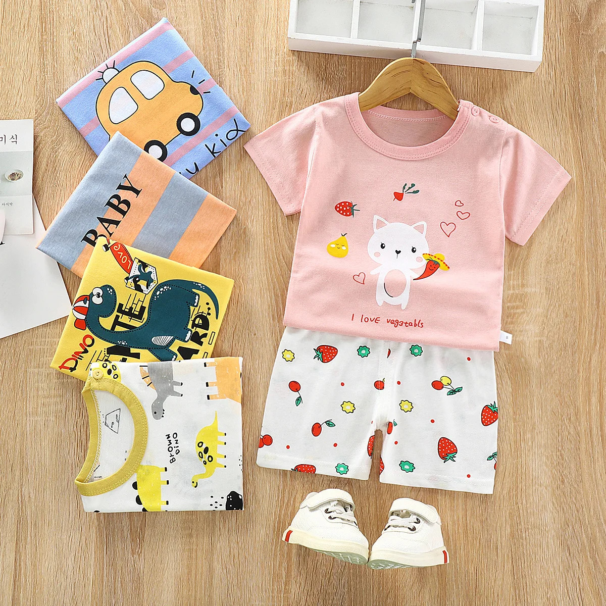 Kids Short Sleeved Set Breathable Lightweight Pure Cotton Summer Shorts for Boys Girls Two-piece Set Baby Toddler Cartoon Set
