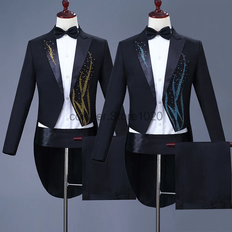 

4pcs Set Tailcoat Classic Modern White Black Basic Style Fashion Rhinestone Dinner Suits Mens Groom Jacket Pants Outfit No Shirt