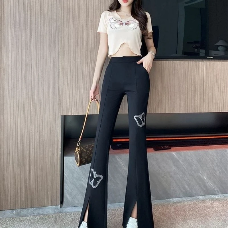 กางเกงบานเล็กน้อยสําหรับผู้หญิงฤดูใบไม้ผลิและฤดูร้อน 2025 ใหม่เอวสูงเข้ารูปพอดียืดกรีดกางเกงลําลอง