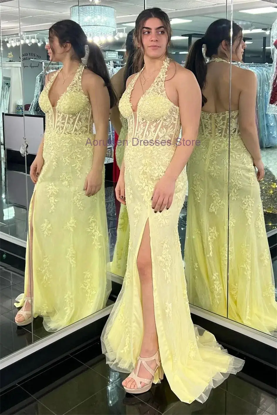 

Luxury Halter Lace Appliques Prom Dress Sleevesless Bridesmaid Bodycon Dresses Elegant Wedding Mermaid Evening Party Gown 2024