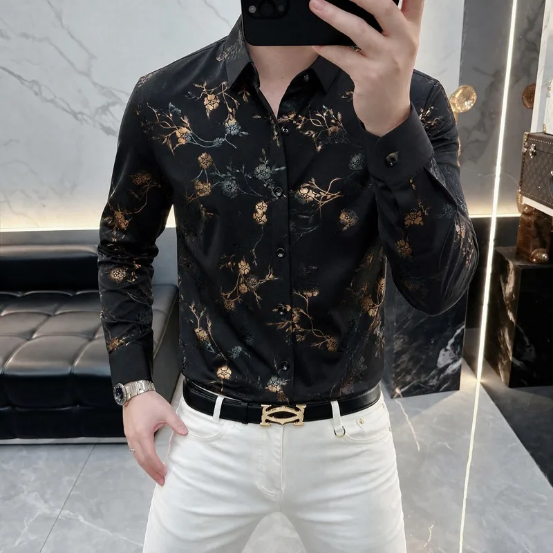 Trendy Autumn Floral Long Sleeved Shirt for Men Slim Fit Casual Business Dress Shirts Social Office Versatile Men's Clothing
