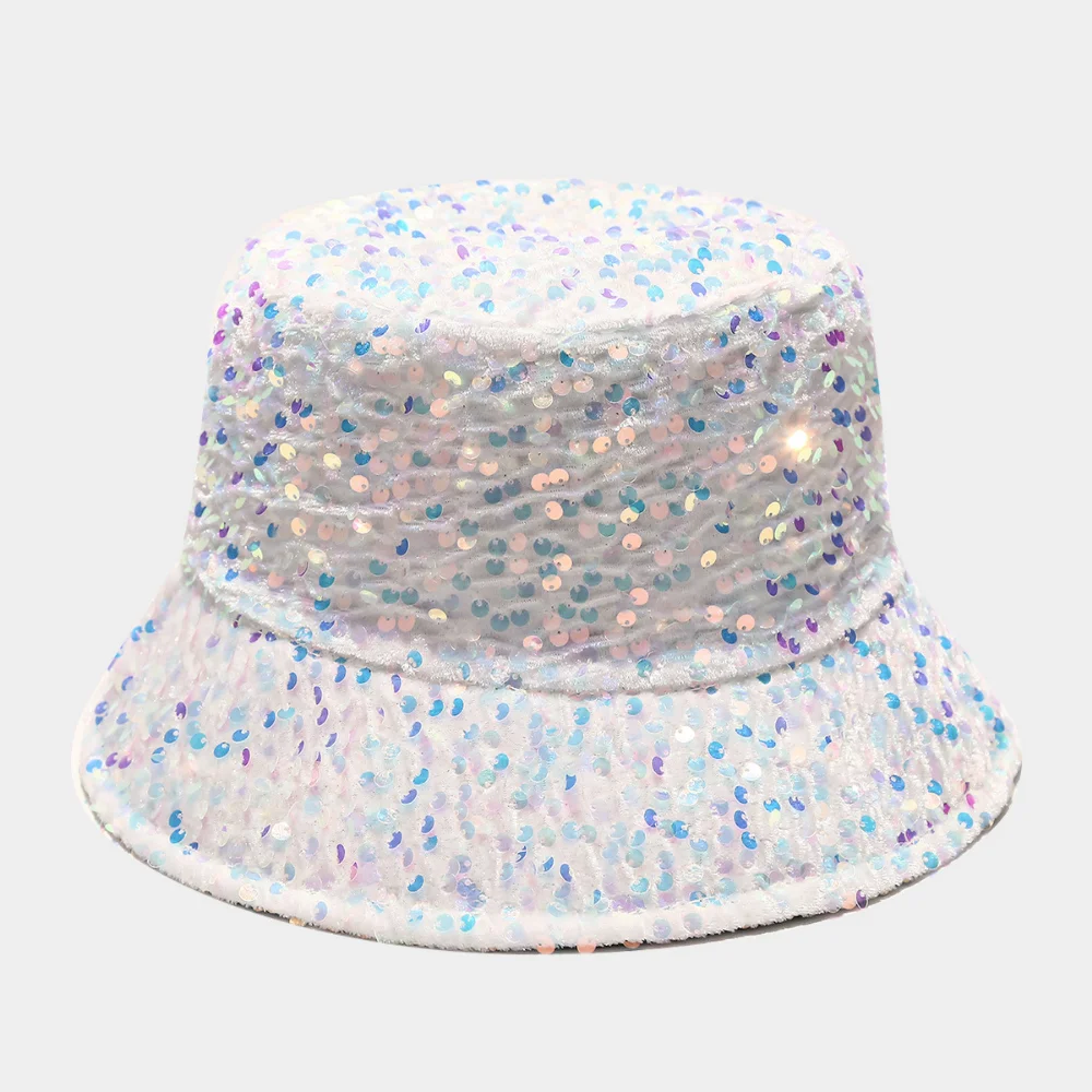 Full-pattern iridescent laser-etched sequin short-brimmed fisherman's bucket hat retro style women's music festival