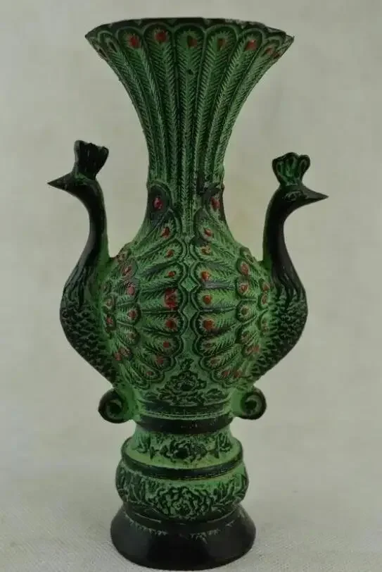 

Old Decorated Wonderful Handwork Bronze Carving Pair Peacock Rare Noble Big Vase