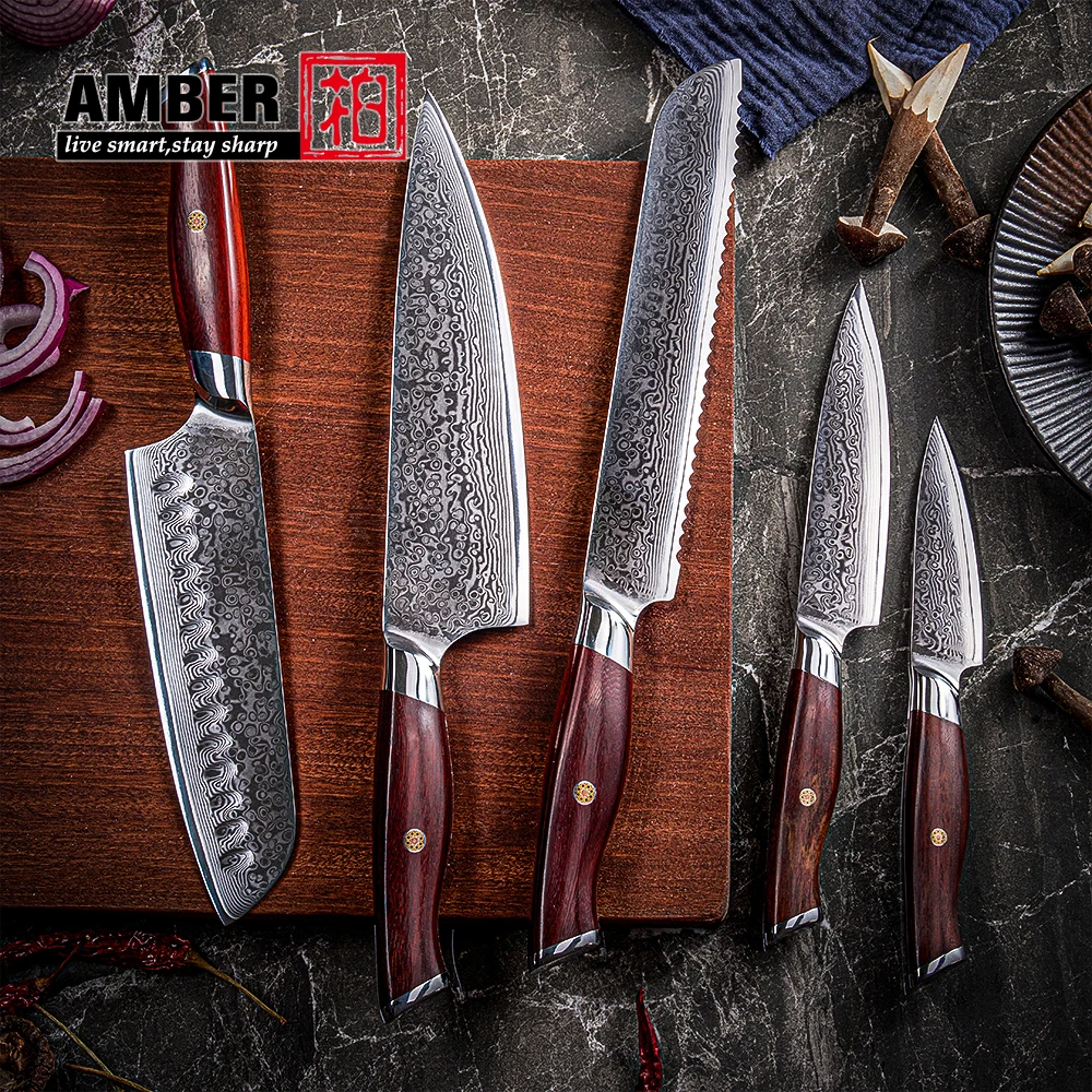 Amberknife 67 Layers VG10 Damascus Steel Chef Santoku Bread Utility Paring Kitchen Knife Set with Sandal wood Handle