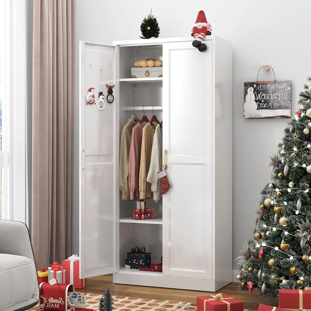 

-For White 71 Tall Metal Armoire with Hanging Rod and Adjustable Shelves, 2-Door Wardrobe Closet for Bedroom, Laundry*
