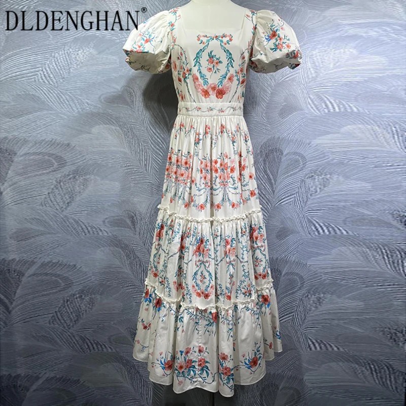 DLDENGHAN Cotton Vintage Long Dress For Women Square Collar Puff Sleeves Ruffles Flowers Print Dresses Fashion Summer New