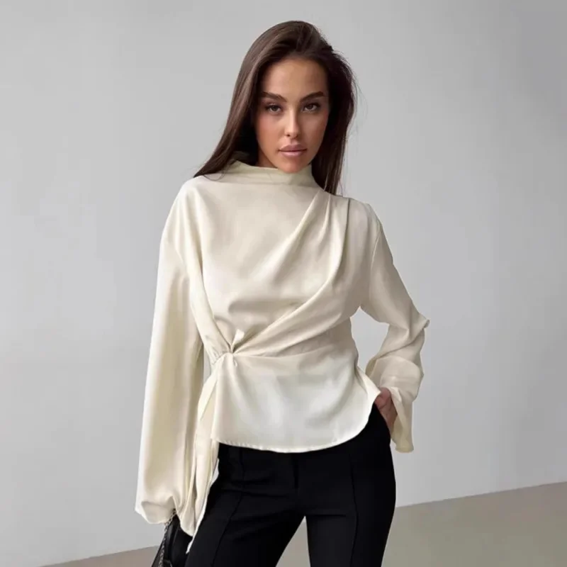 Chiffon Shirt For Women Fashion Pleated Long Sleeve Round Neck Pullover Casual Office Lady Elegant Blouse Stylish Tops For Work