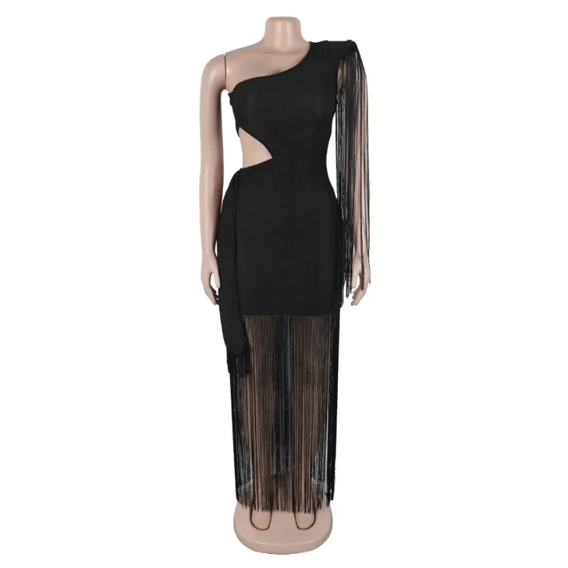 GUWU Damen One-Shoulder-Kleid mit Ausschnitt, Taille am Saum, Quaste, Midi-Maxi-langes Kleid, 2025, Club, sexy Abschlussball, Party, Abend, figurbetonte Kleider