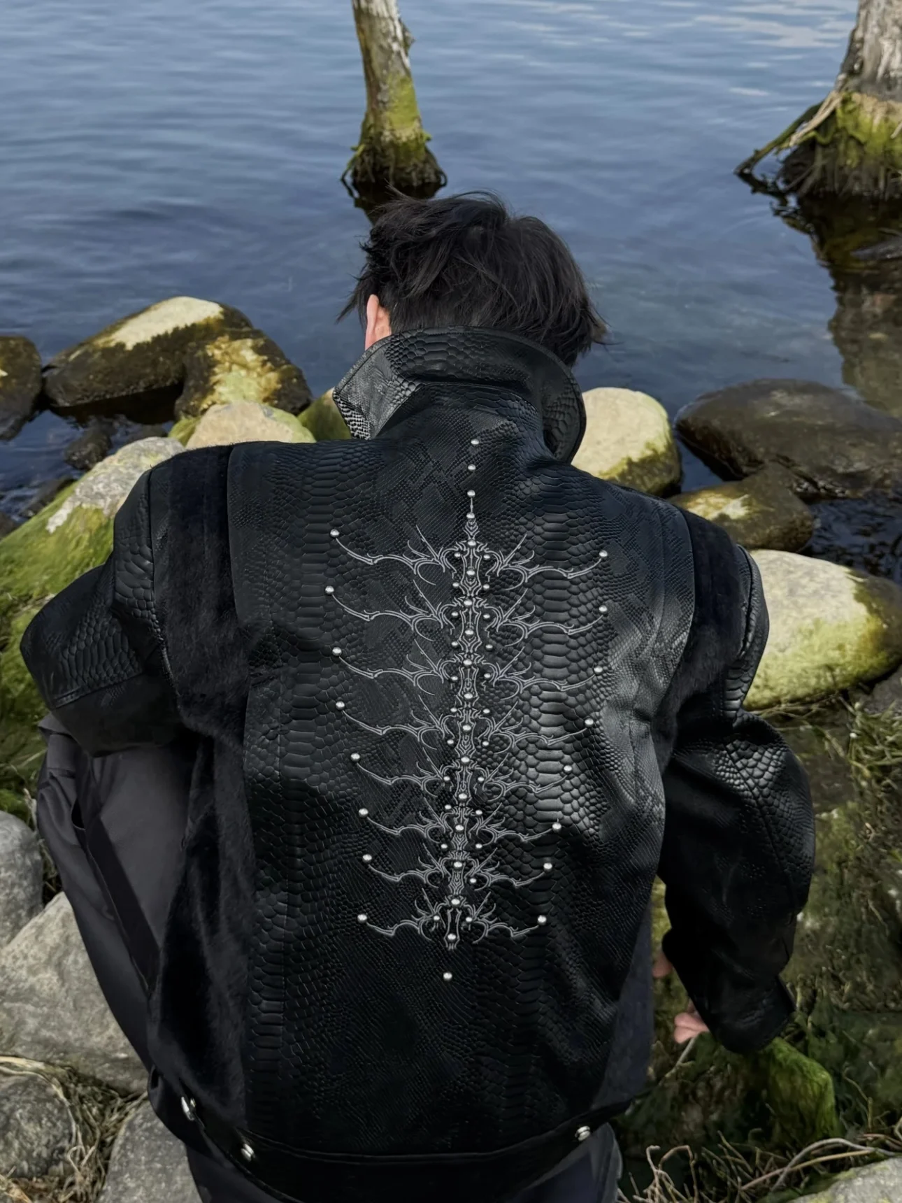 الشارع Sle الأفعى العمود الفقري مسمار التطريز تصميم بولي Leather الجلود Jaet الرجال النساء الخريف الشتاء Faion الراقية المشاعر معطف علوي #4