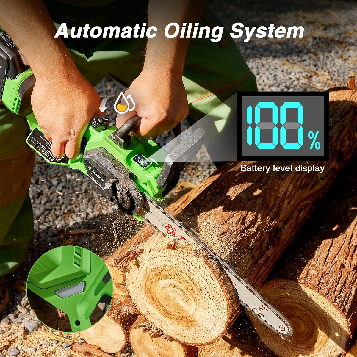 TaskStar Bürstenlose 12-Zoll elektrische Kettensäge wiederaufladbare Schnurlose Holz Schneiden Power Tool Fit Makita 18V Batterie (mit 2 4.0Ah Batterien) – Detail 5
