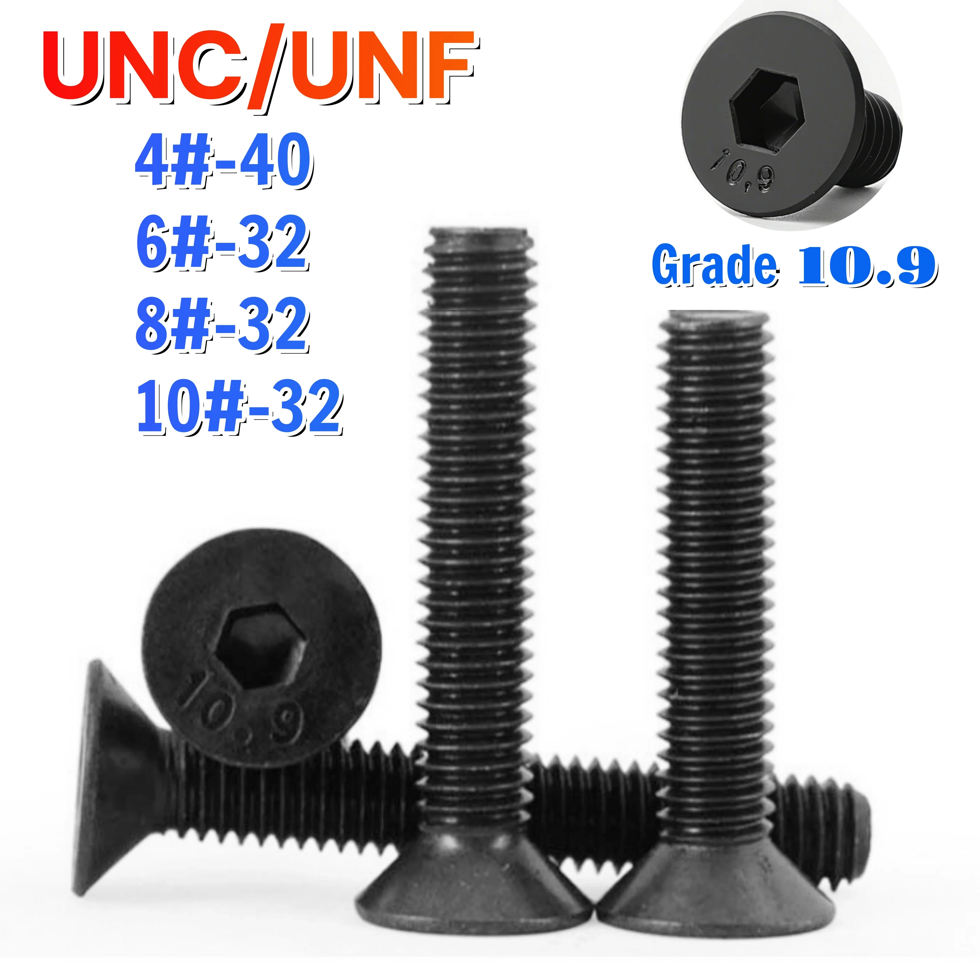 UNC/UNF 10.9 Senkkopfschrauben aus legiertem Stahl, schwarz, mit Innensechskant, Flachkopfschrauben mit Inbusschlüssel, 4 Stück # -40 6 # -32 8 # -32 10 # -32