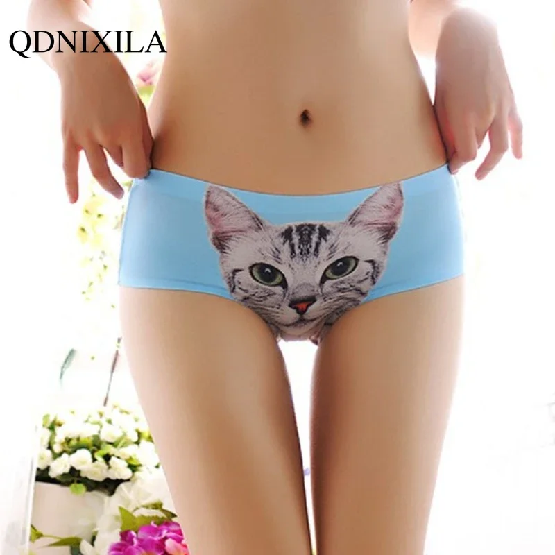 Cute Kitten Panties Women Sexy Ice Silk Girls Low-waist Briefs Cartoon Kawaii Anti-exposure Lingerie for Ladies Female Underwear