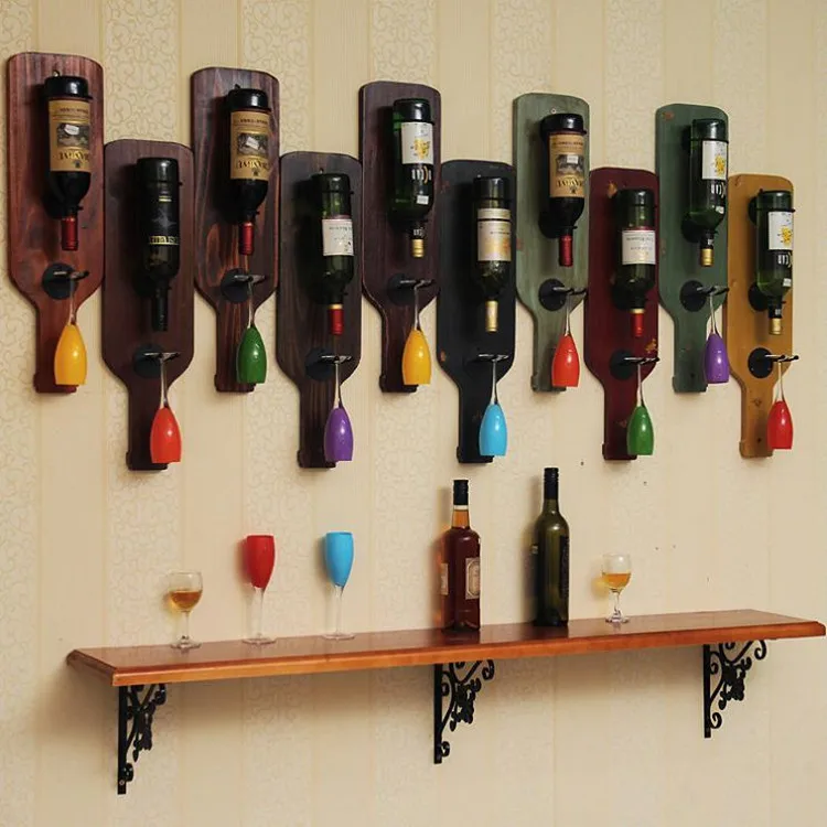 !@Solid Wood Vintage Wine Rack European Style Wall Hanging Modern Home Furniture for Living Room Dining Room Hangs Wine Bottle