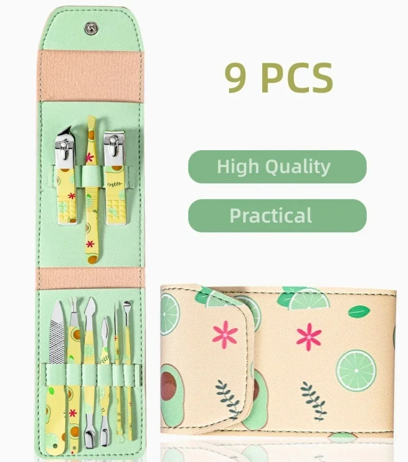 9 PCs Set Fruits Design Stainless Steel Nail Clippers Set With Folding Bag Manicure Cutter Kits Scissors Makeup Beauty Tool
