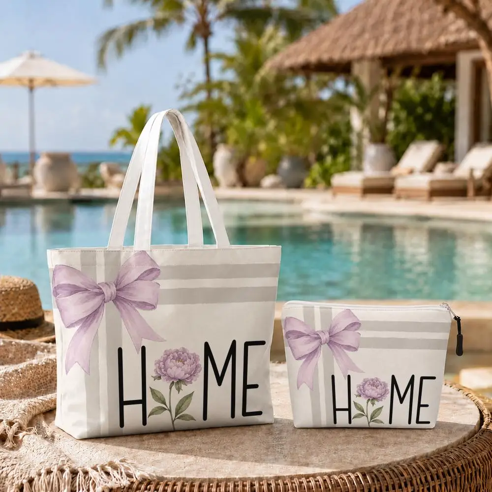 Pink Rose Storage Bags 2-Piece Set Double-Sided Print with Zipper Canvas Eco Tote Bag for Beach Travel Picnic