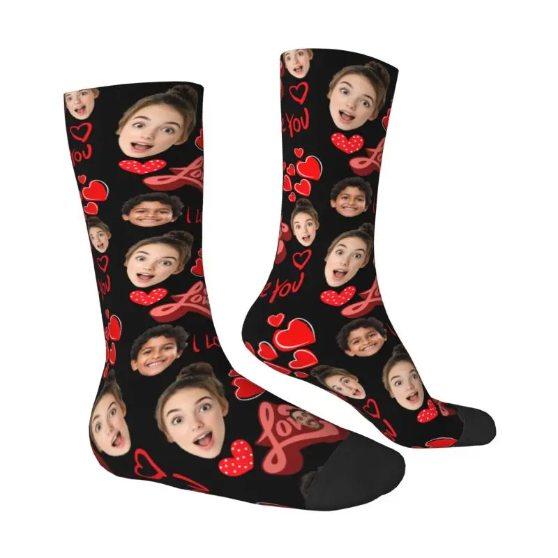 Calcetines personalizados Harajuku I Love You Family Face para mujer y hombre, calcetines cálidos con estampado 3D para el día más dulce, calcetines deportivos de baloncesto