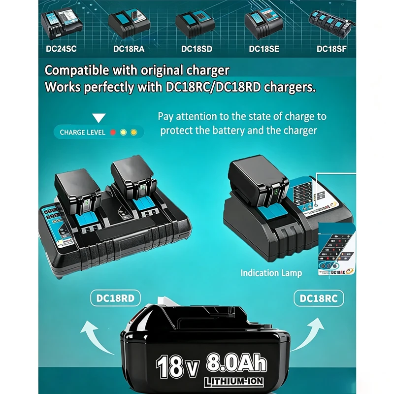 Akumulator 18V 8000mAh do Makita BL1830 BL1815 BL1860 BL1850 BL1840B, akumulator do elektronarzędzi, akumulator do ponownego ładowania z ﻿ Ładowarka 4A 6A — zdjęcie produktu 2