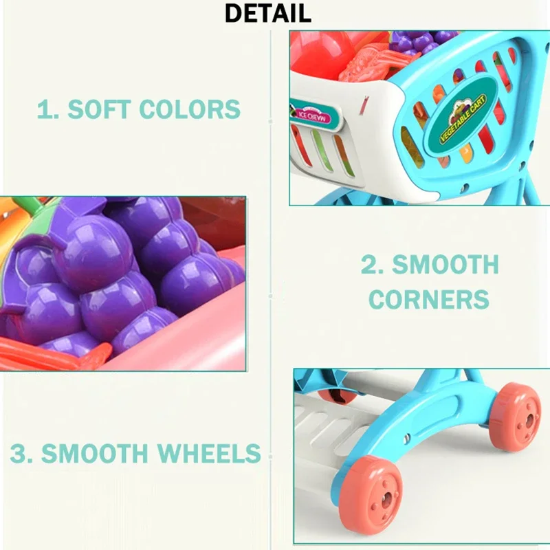 15個入り子供用教育玩具セット、スーパーマーケットショッピングカート、トロリー付き、食べ物を切る遊び、フルーツごっこ遊び、女の子向け
