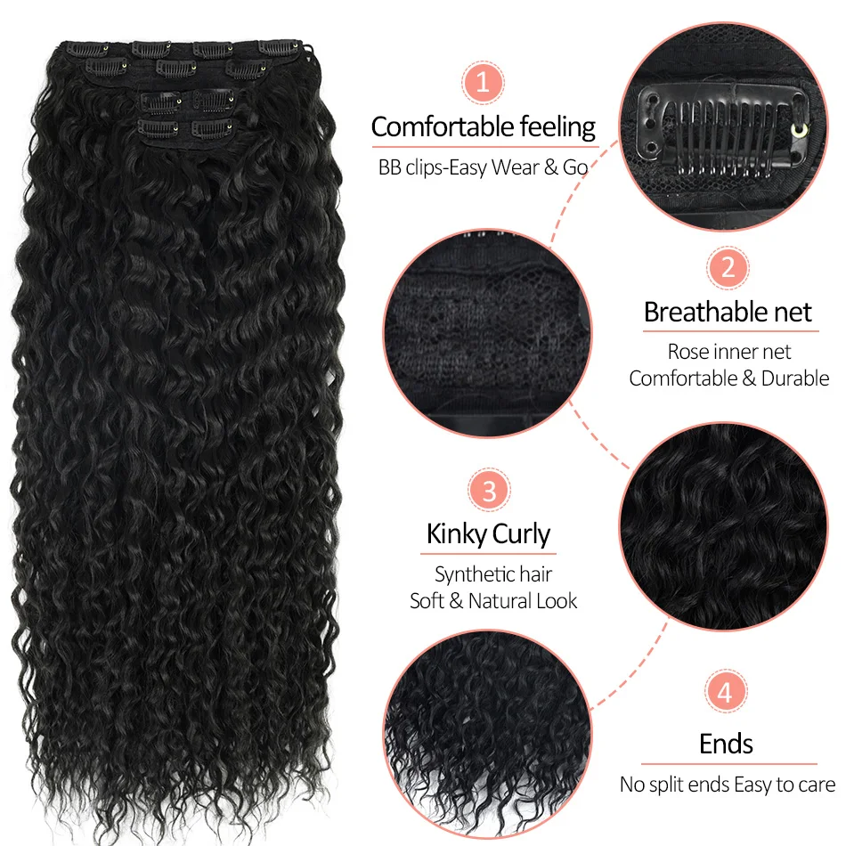 Kinky Curly Clip In Hair Extensions Synthetic 28” Super Long Anjo Plus Natural 613 Brown Corn Wave Full Head Fake Hair Pieces