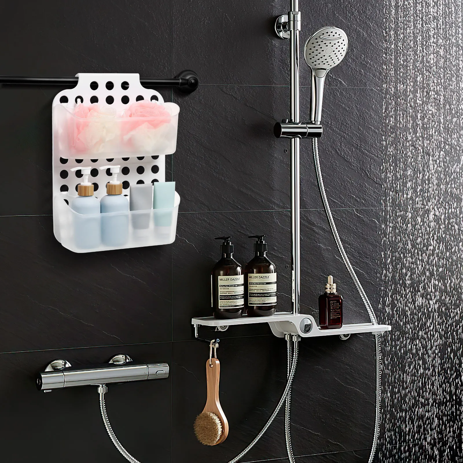 

Dual Layer Storage Basket Adjustable Height No Drill Wall Mounted Shower Organizer for Bathroom Kitchen Office Rustproof Strong