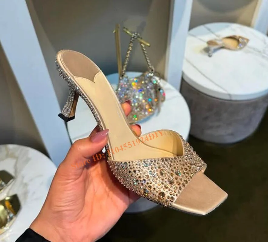 

Gold Crystal Leather 8Cm Heeled Thin Heeled Square Toe Mules Slip On Sandals Women High Heel Party Dress Shoes