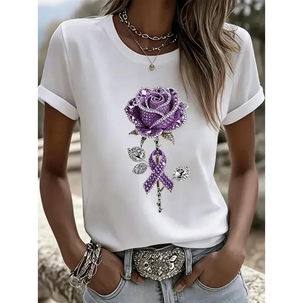 Women Summer Round Neck Short Sleeve T-Shirt 3D Digital Print Denim Splicing Casual Daily Office Work Resort Wear New
