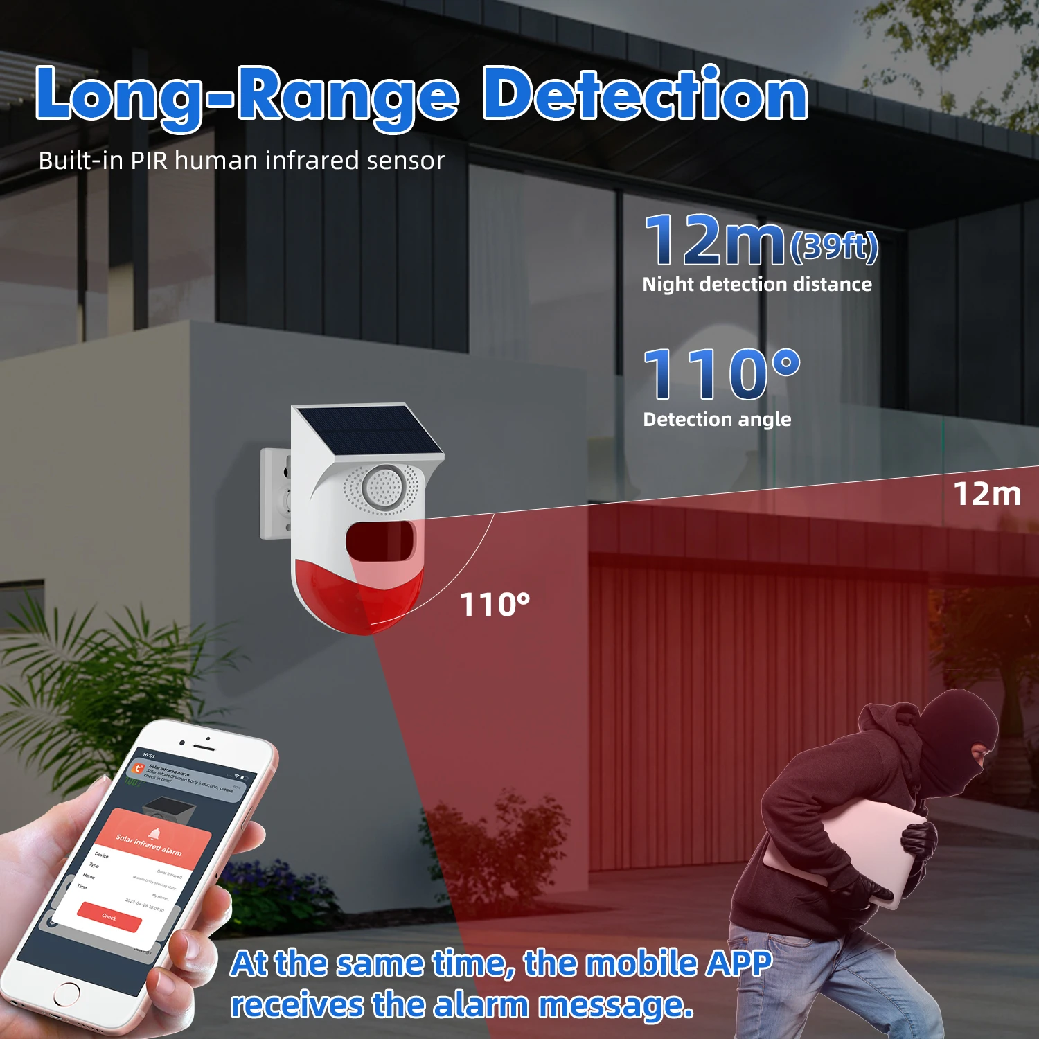 Smart Outdoor Solar PIR Alarme Infravermelho, Sem Fio, Wi-Fi, Sirene, Impermeável, Segurança Contra Roubo, Sensor Estroboscópico, Tuya App, Controle