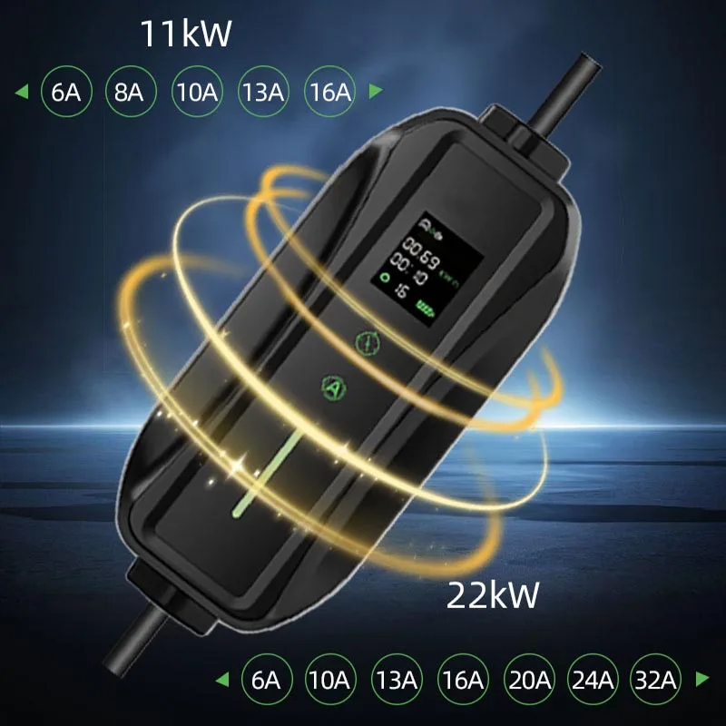 EVSELink 6/8/10/13/16A 11KW 3Phase Portable Eletric Vehicle Charger Type 2 7kW 22kW 32A Select Charging Time With 5M Cable