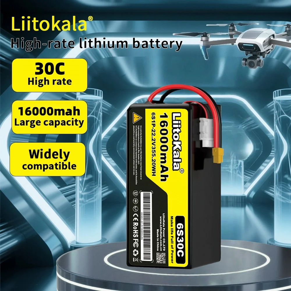 LiitoKala 22.2V 6S 16000mAh 드론 폴리머 리튬 배터리 30C 방전 등급 농업용 드론 트레이너 항공기에 적합