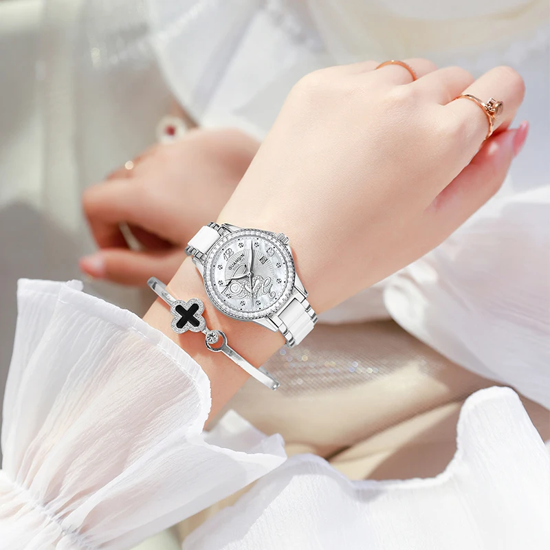 GUANQIN Luxury Women's Quartz Watch Mother-of-Pearl Dial LOVE Element Luminous Hands Leisure 30M Waterproof Watch for Lady Gifts