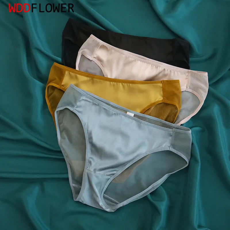 Women Silk Panties 4pcs/lot 100% Natural Silk Lining Sexy Transparent Back Mid-rise Briefs Underwear Lingerie S M L XL TA009