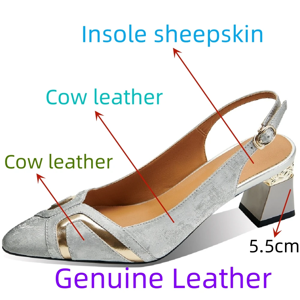 【JOCHEBED HU】Brand Genuine Leather Medium Heels Pumps Shoes Woman Sexy Point Toe Heels Office Dress Ladies Sandals 34-42