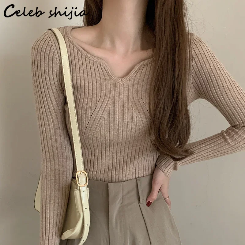 Chic Woolen Pullover Women Spring V Neck Long-sleeve Coffee Knit Tops Office Lady Sweater Korean Elegant  Jumper