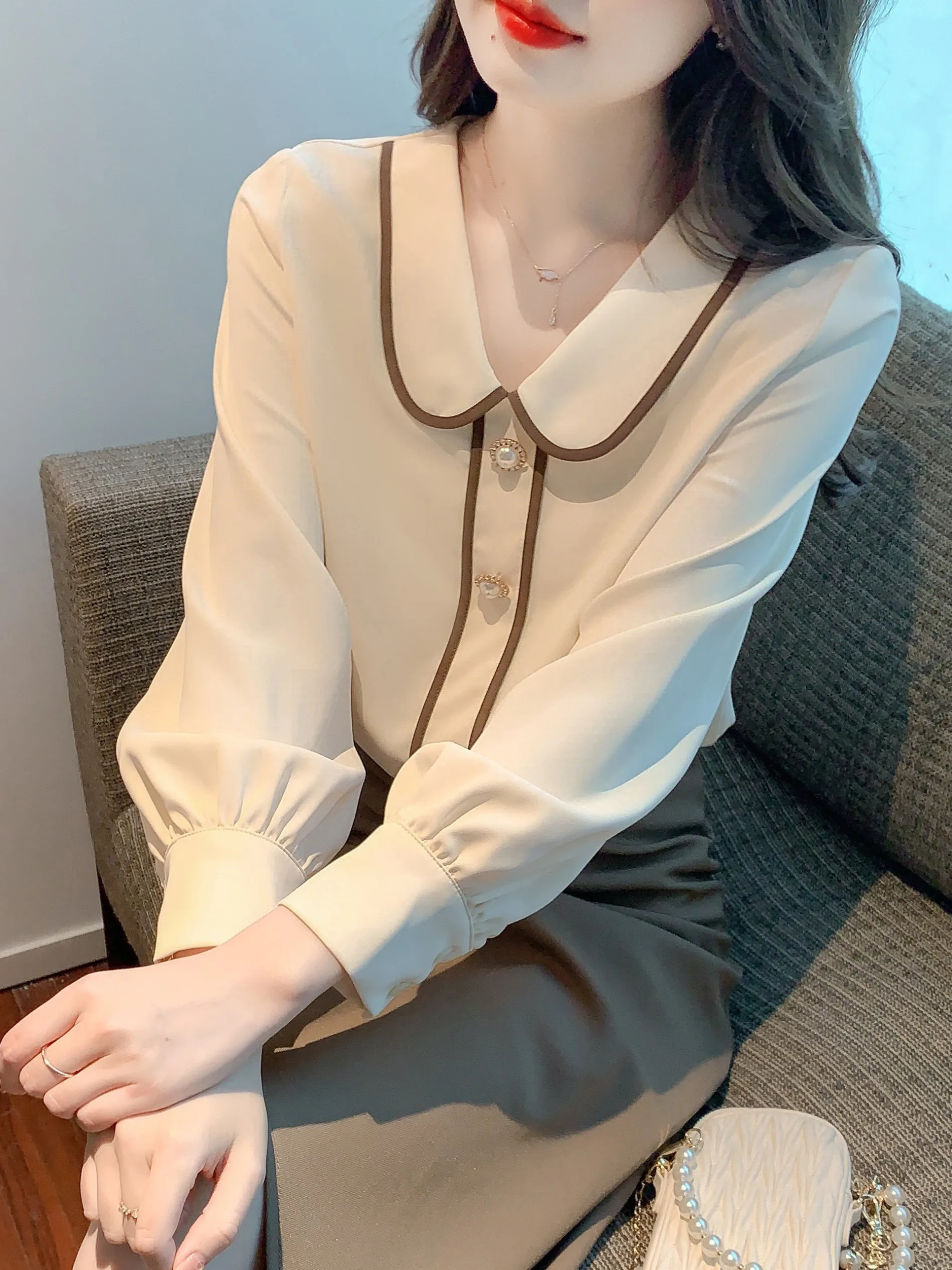 

Ele Long Sve Chiffon irt Women's Spring 2026 New Sle Doll Collar irt Agel High-End Feeling Straight Cut Blouse