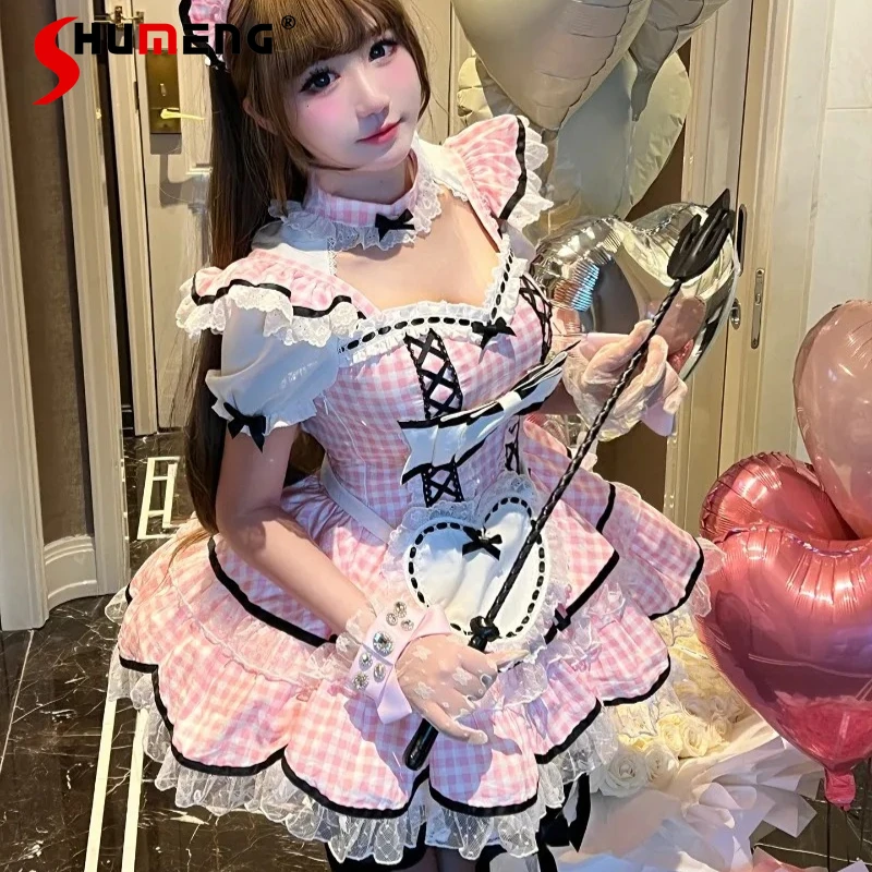 

Lolita Lovely Plaid Mini Maid Dress Ladies Sweet Girl Lolita Style Sexy Pure Desire Japanese Cosplay Outfit Beautiful Vestidos