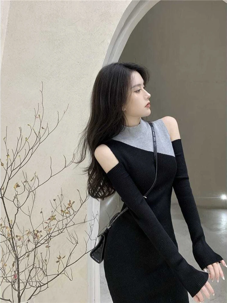 Colorblock Knit Turtleneck Women\'s Dresses Over The Shoulder Female Dress Crochet New Features of Luxury Beach Cotton Clothing