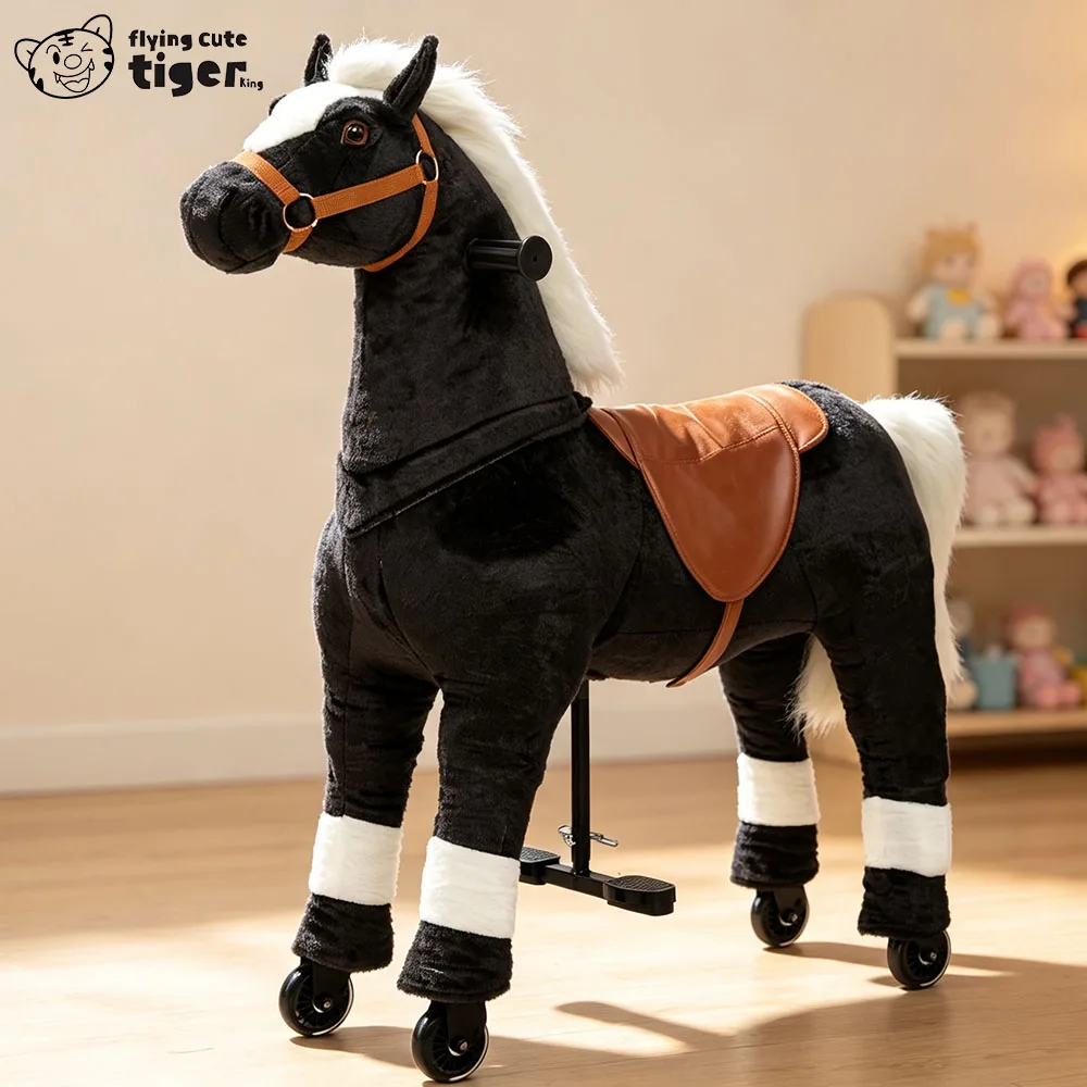 Medium to Large Size Black White-Haired Pony Popular Realistic Riding Rocking Horse Toy Rocking Chair Soothing Rocking Horse with Saddle Plush Toy Rocking Horse Doll Toy Car Horse Riding Toy