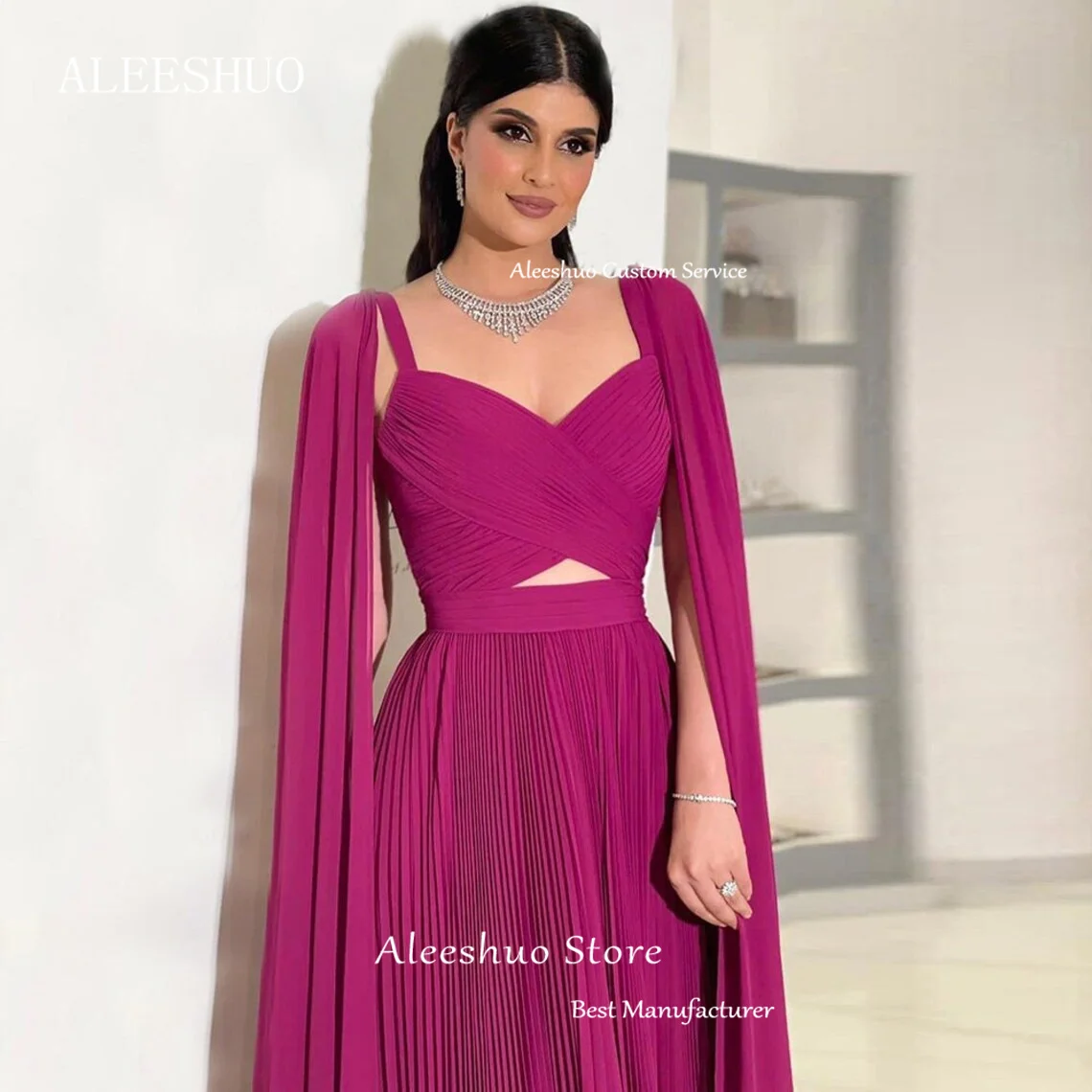 Aleeshuo Fuchsia Gedrapeerde Chiffon Formele Avondjurken Lange Cape Mouwen Bandjes Saudi Arabische Vrouwen Prom Jurken Dubai Feestjurk