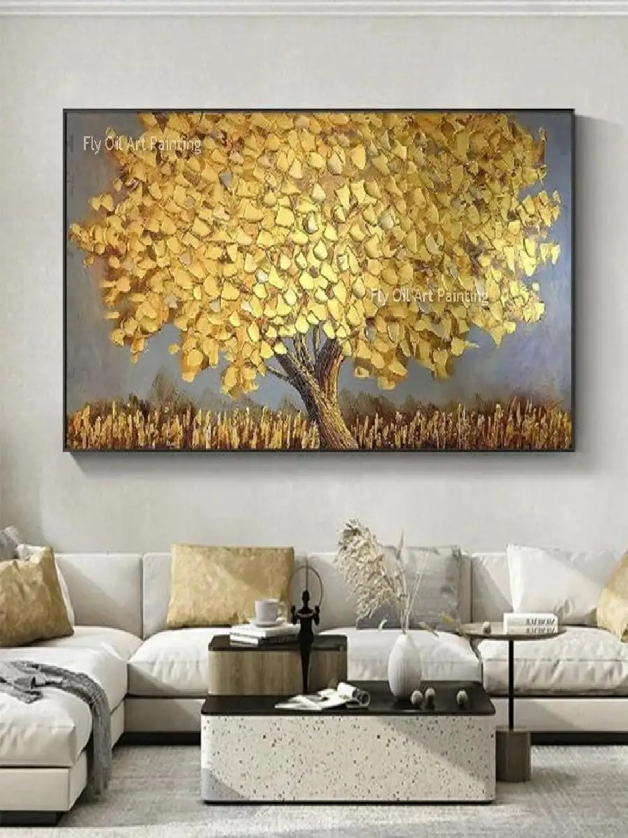 الذهب الأصفر اليدوية ورقة شجرة كبيرة الحجم الفاخرة شجرة المشهد النفط اللوحة ديكور المنزل مكتب غرفة المعيشة الحديثة جدار الفن #2