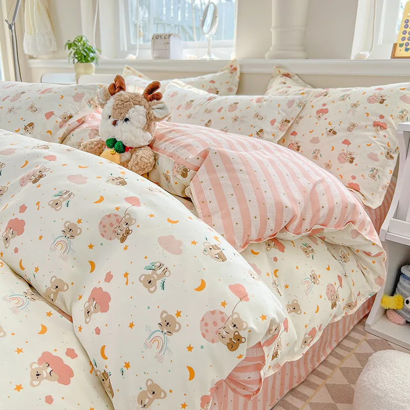 

Розовый комплект пододеяльников с героями мультфильмов Ins Twin Queen Size для девочек и мальчиков, плоская простыня, наволочка без наполнителя, домашний декор, в наличии, комплект постельного белья