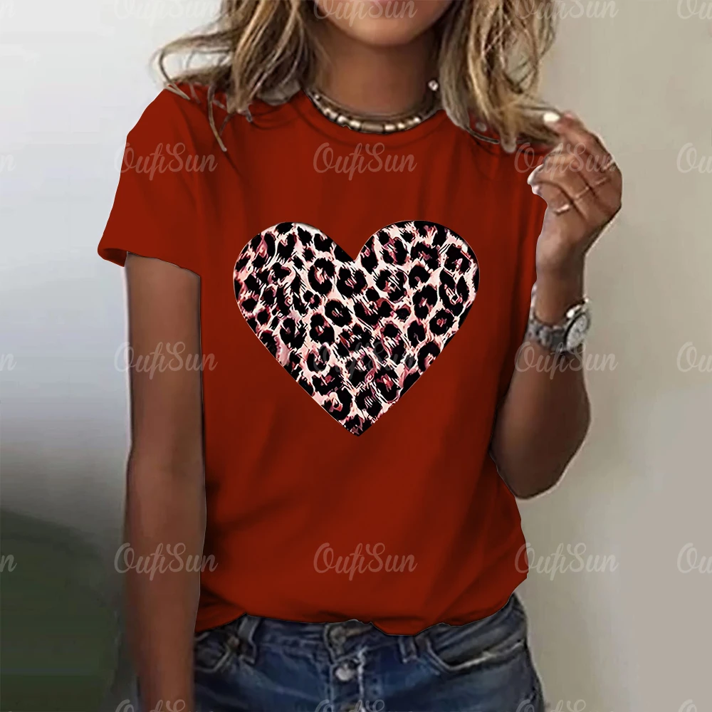 Camisetas con estampado de leopardo para mujer, ropa holgada informal de manga corta, corazón de amor con patrón de Jersey, Verano