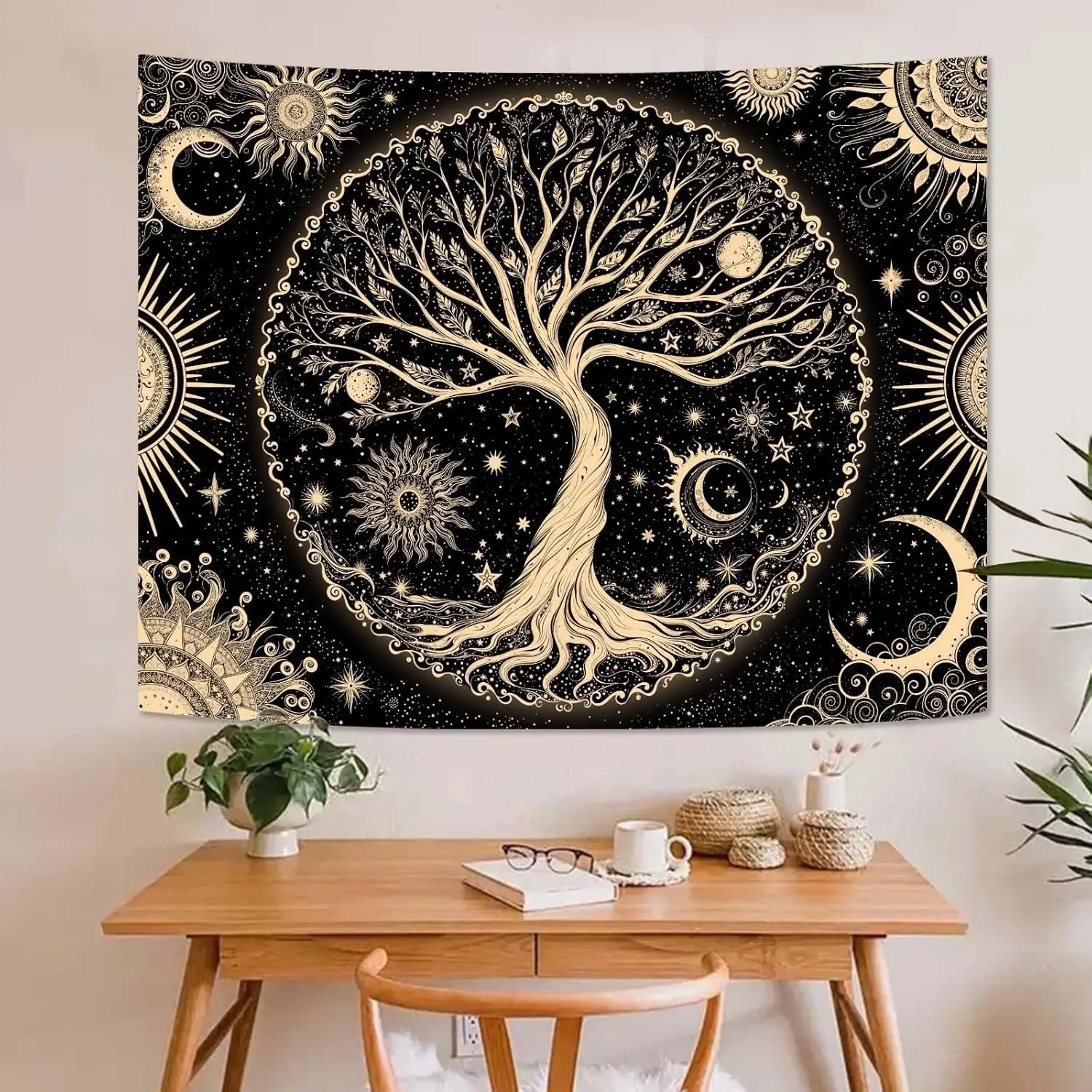 Tapiz bohemio místico del árbol de la vida - Colgante de pared horizontal con estampado celestial vintage, tela horizontal adec